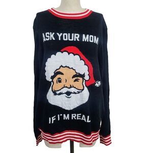 Tipsy Elves Ugly Christmas‎ Sweater L Black Ask Your Mom If I'm Real Funny Santa